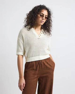 Elbow-Sleeve Crochet Henley Sweater