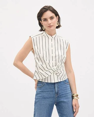 Blouse Boutonnée en Popeline Rayée Sans Manches à Détail Torsadé