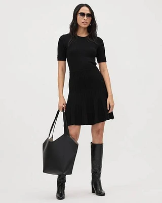 Elbow-Sleeve Fit and Flare Dress with Crew Neckline