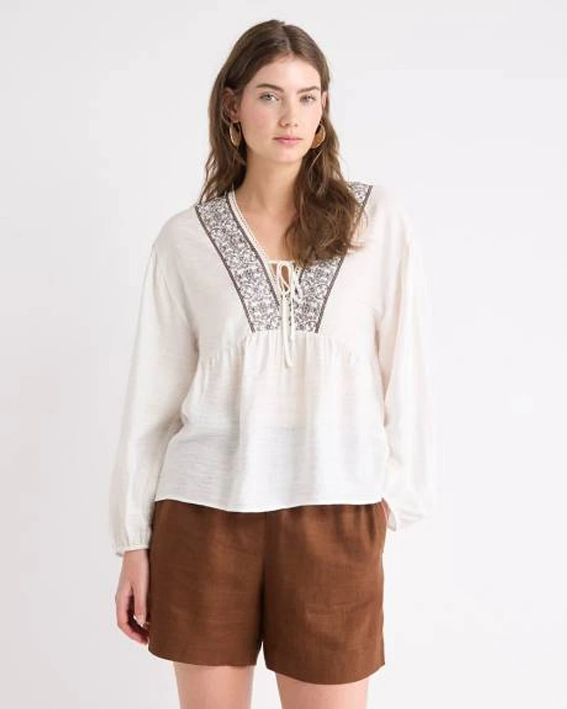 Blouse à Manches Longues Bouffantes et Col V avec Broderies