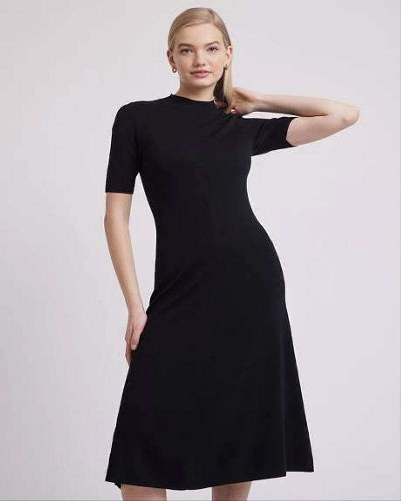 Elbow-Sleeve Mock-Neck Fit and Flare Dress