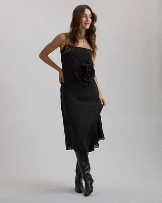 Robe Midi Sans Manches en Mousseline avec Fleur à la Taille