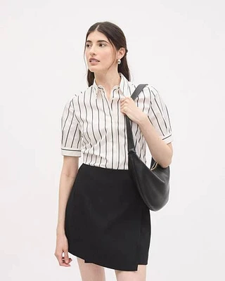 Blouse Boutonnée en Popeline Rayée à Manches Courtes