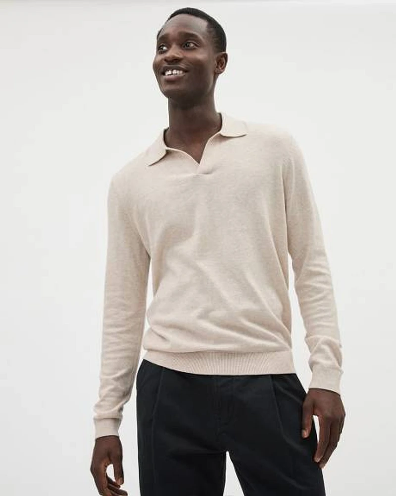 Long-Sleeve Cotton Sweater Polo with Johnny Collar