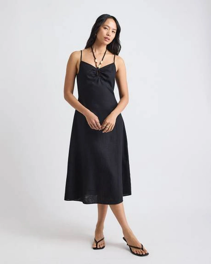 Sleeveless Halter-Neck Linen-Blend Midi Dress