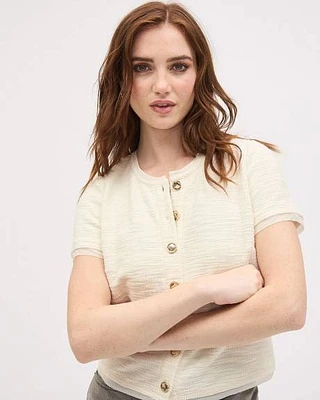 Short-Sleeve Crew-Neck Buttoned-Down Textured Top