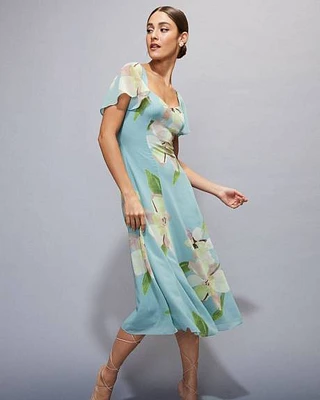 Short-Sleeve Midi Cocktail Dress with Sweetheart Neckline