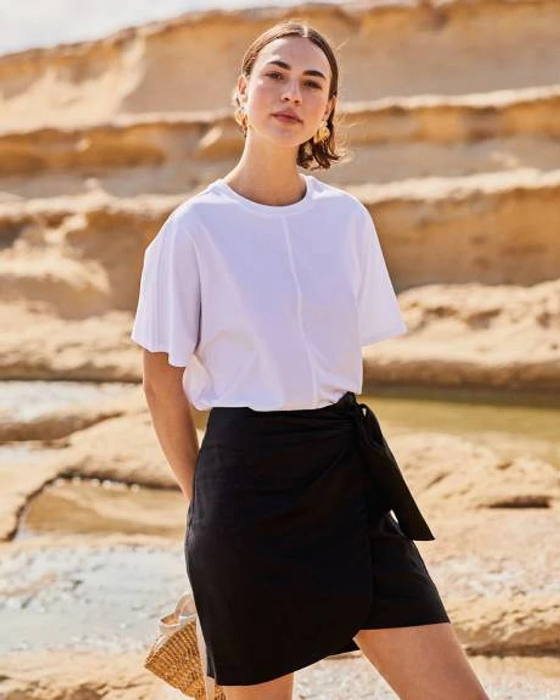 Black Linen-Blend Short-Skirt with Wrap Detail