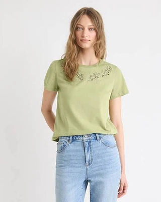 Short-Sleeve Crew-Neck Top with Embroideries