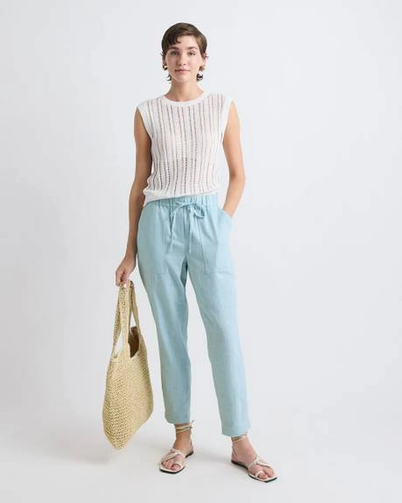 Pantalon Jogger en Lin à Taille Mi-Haute et Jambe Fuselée