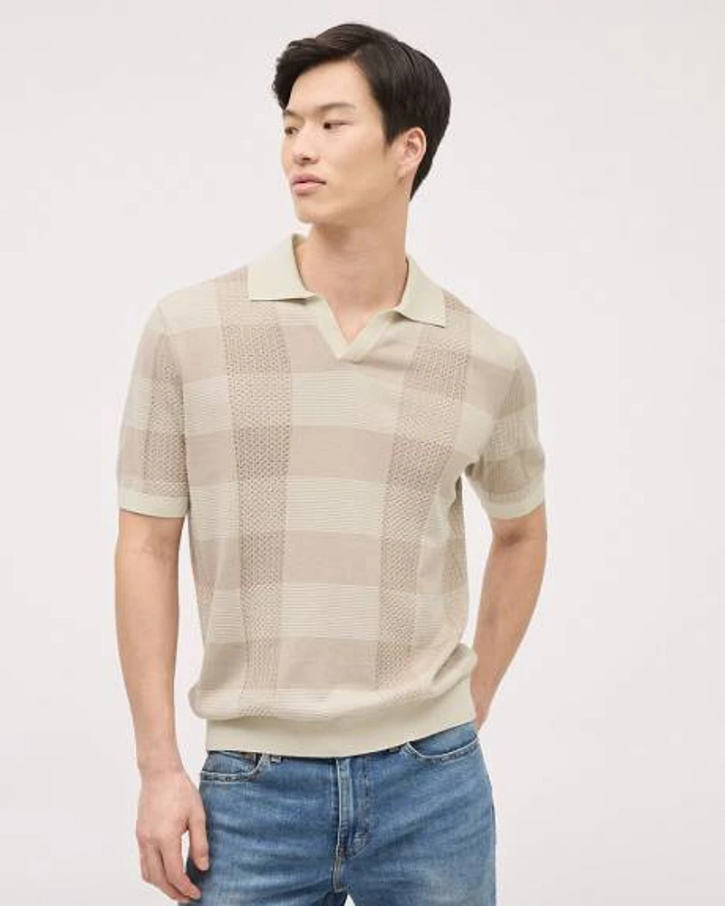 Striped Short-Sleeve Textured Polo with Johnny Collar