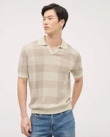 Striped Short-Sleeve Textured Polo with Johnny Collar