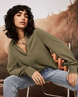 Long-Sleeve Popover Fluid Blouse with Shirt V Neckline