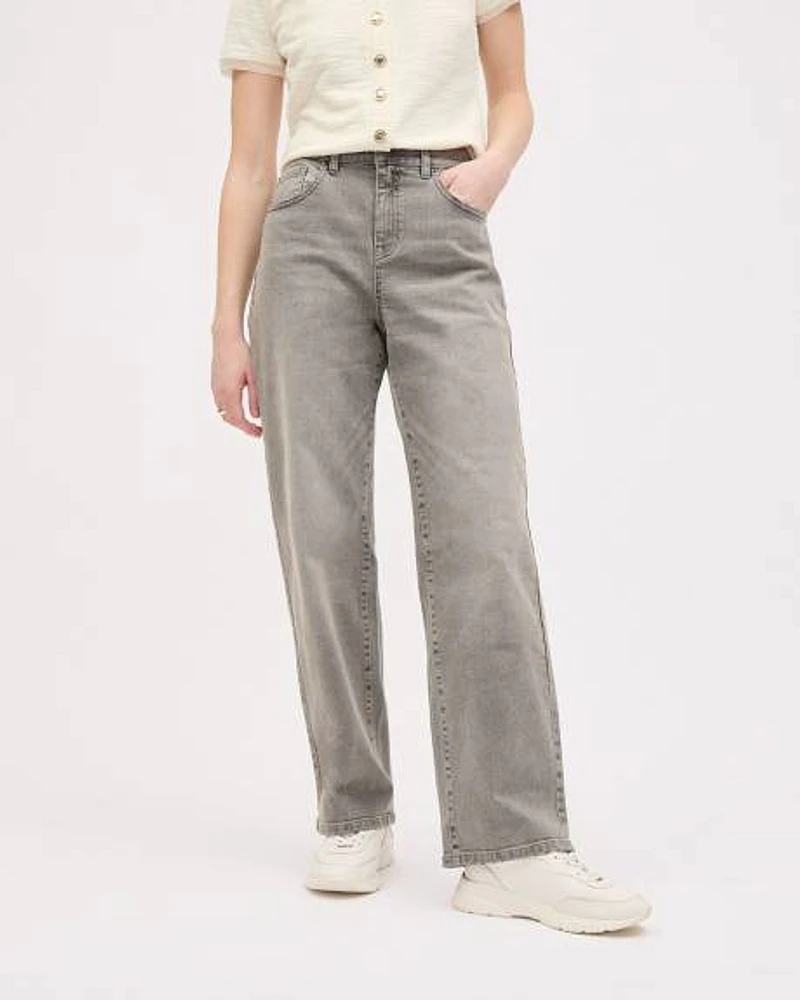 Grey High-Waisted Straight-Leg Jeans