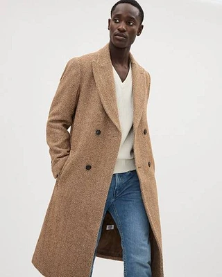 Long Classic Herringbone Wool Coat with Tailored Collar