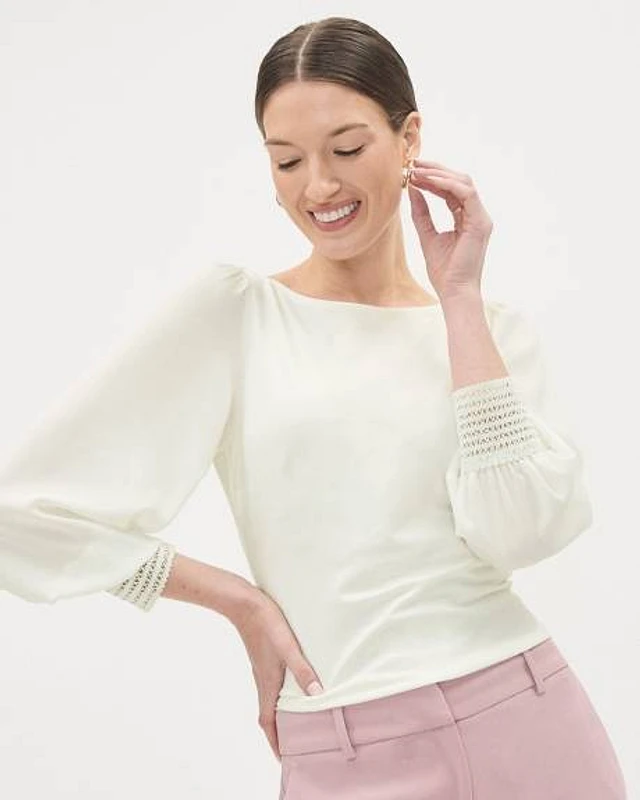 Mix-Media Boat-Neck Top with Long Puffy Sleeves