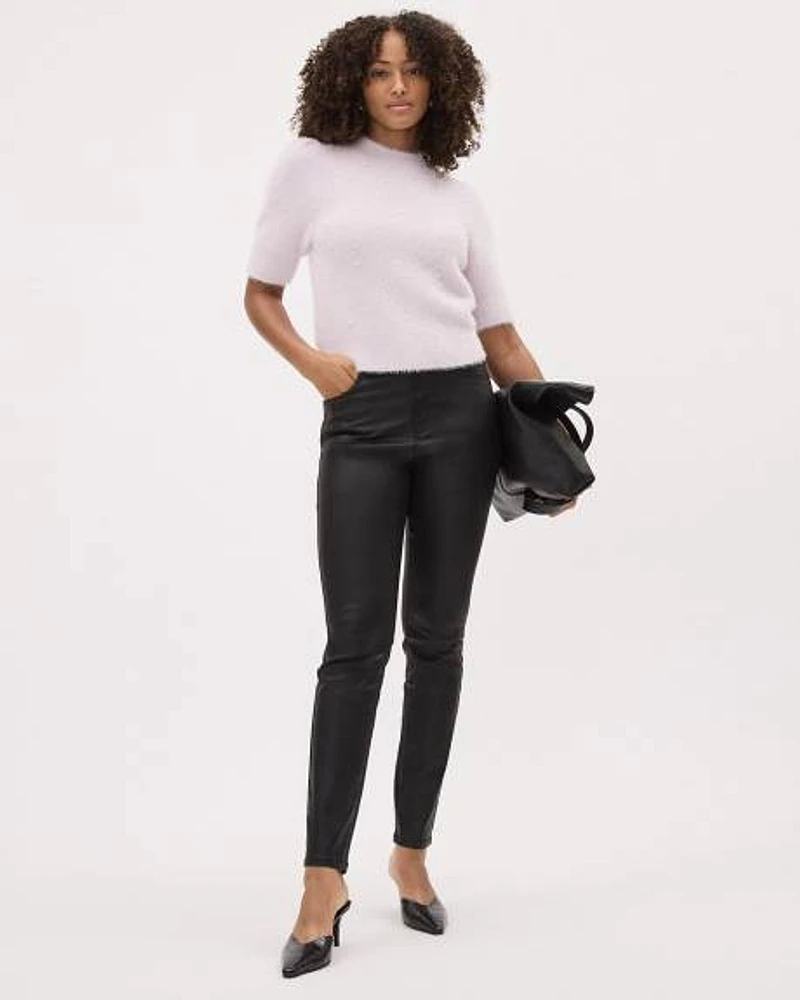 Elbow-Sleeve Mock-Neck Feather-Yarn Pullover with Pearls