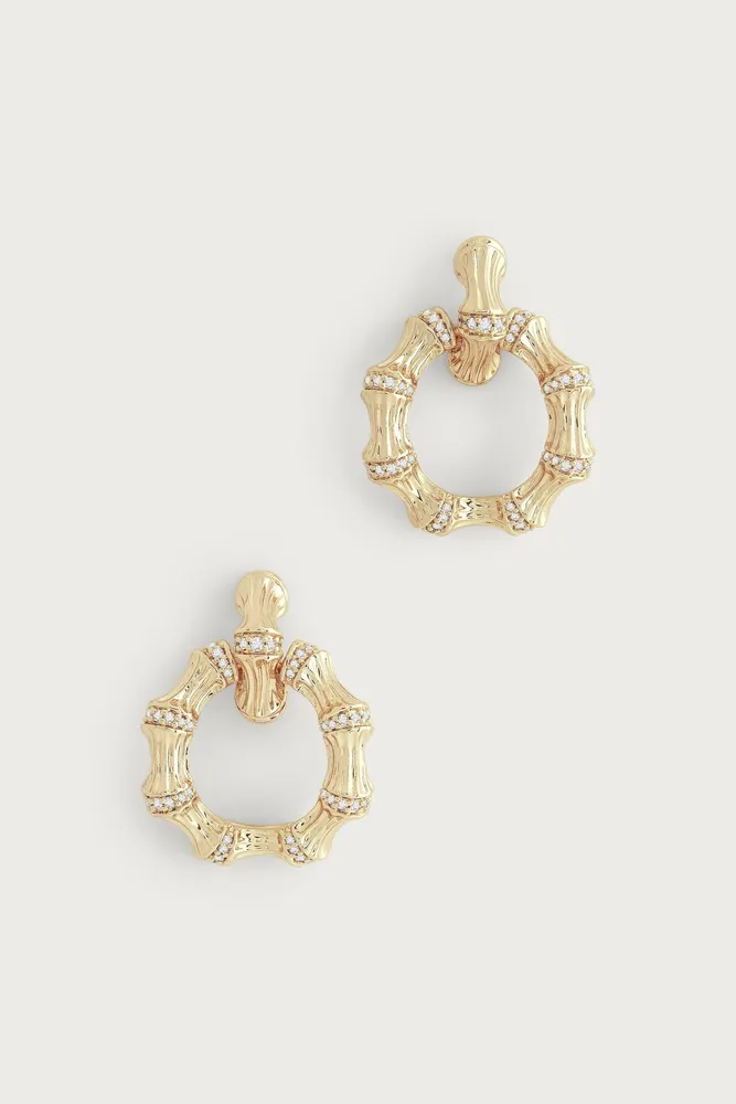 BAMBOO DOUBLE HOOP EARRINGS- GLD/CZ