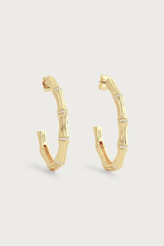 BAMBOO SINGLE HOOP EARRINGS- GLD/CZ