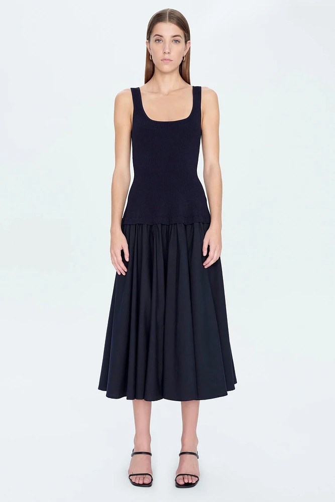 SILAS S/L KNIT BODICE MIDI DRESS