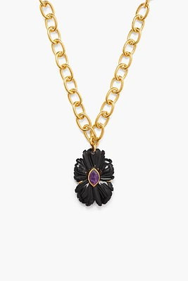 BLACK AGATE FLOWER PENDANT NECKLACE (NGZ-15275)