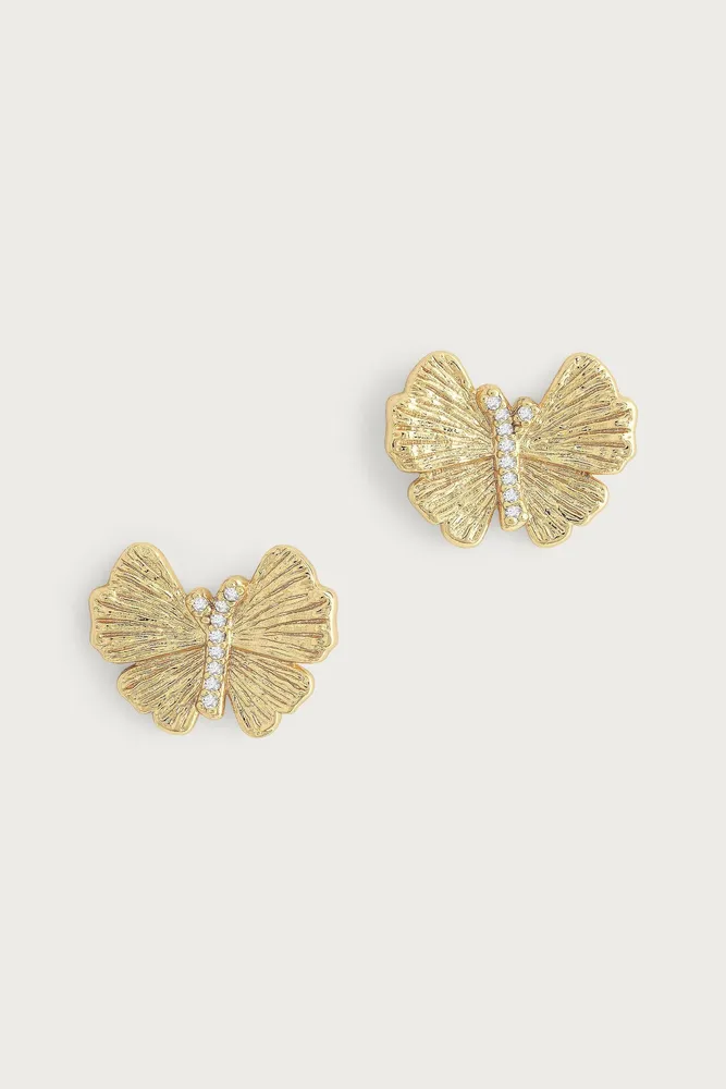 BUTTERFLY STUD EARRINGS- GOLD/CZ