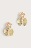 BUTTERFLY W/ENAMEL FLOWER EARRINGS- GLD/CZ