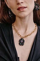 BLACK AGATE FLOWER PENDANT NECKLACE (NGZ-15275)