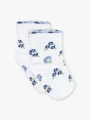 Chaussettes écrues à fleurs bleues
