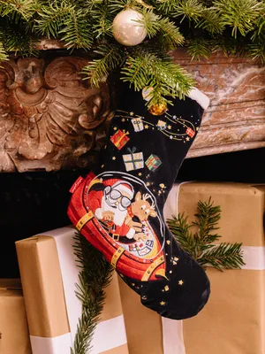 Botte de Noël en velours bleu marine Père Noël