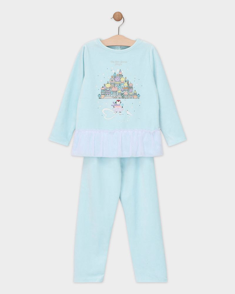 Pyjama bleu en velours avec volant pailleté petite fille