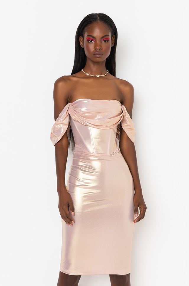 Off-the-Shoulder Satin Midi Dress