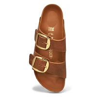 Womens Arizona Big Buckle Oiled Leather 2 Strap Narrow Sandal - Cognac