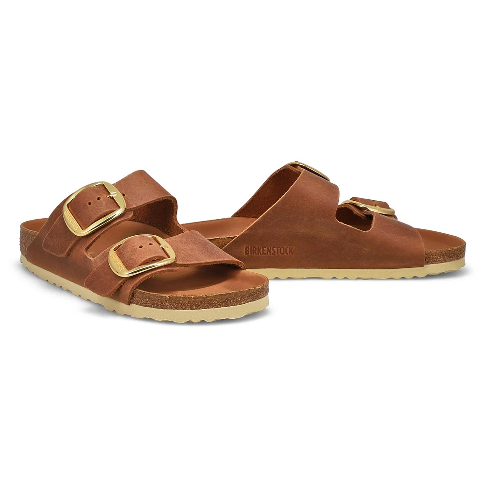 Womens Arizona Big Buckle Oiled Leather 2 Strap Narrow Sandal - Cognac