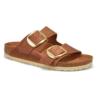 Womens Arizona Big Buckle Oiled Leather 2 Strap Narrow Sandal - Cognac