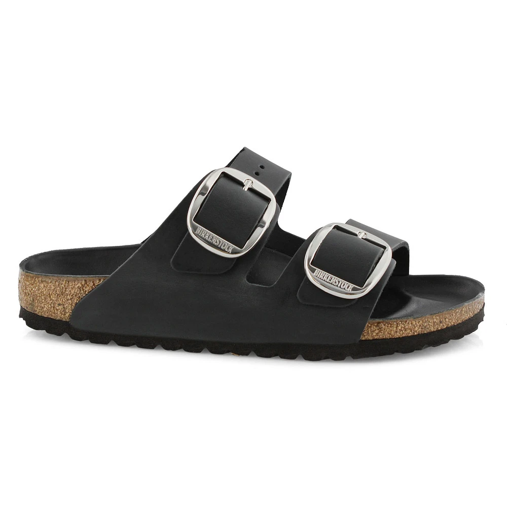 Womens Arizona Big Buckle Oiled Leather 2 Strap Narrow Sandal - Black