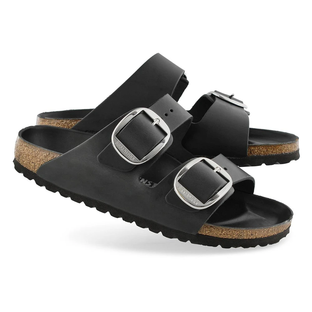 Womens Arizona Big Buckle Oiled Leather 2 Strap Narrow Sandal - Black