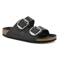 Womens Arizona Big Buckle Oiled Leather 2 Strap Narrow Sandal - Black