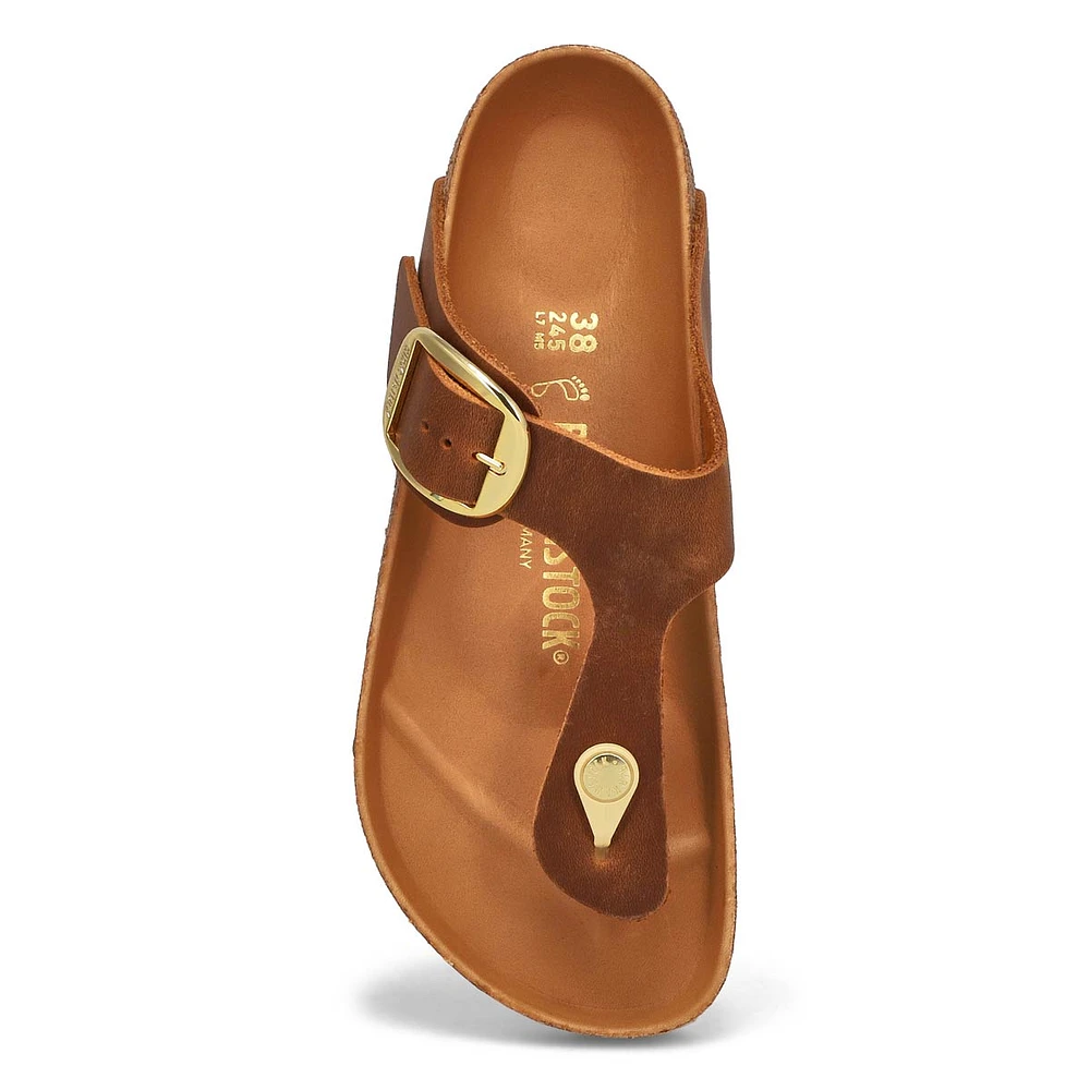 Womens Gizeh Big Buckle Oiled Leather Thong Sandal - Cognac