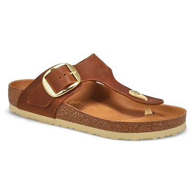Womens Gizeh Big Buckle Oiled Leather Thong Sandal - Cognac