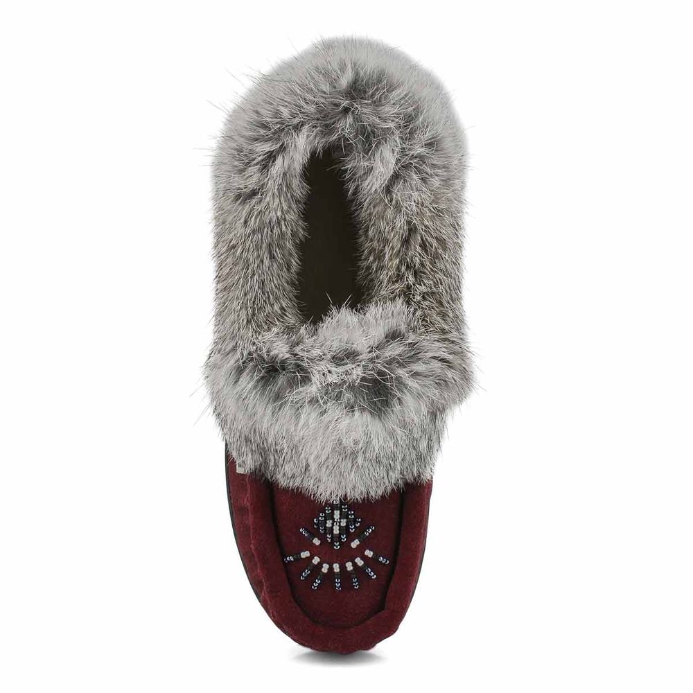 Womens Cute 5 Rabbit Fur SoftMocs - Burgundy