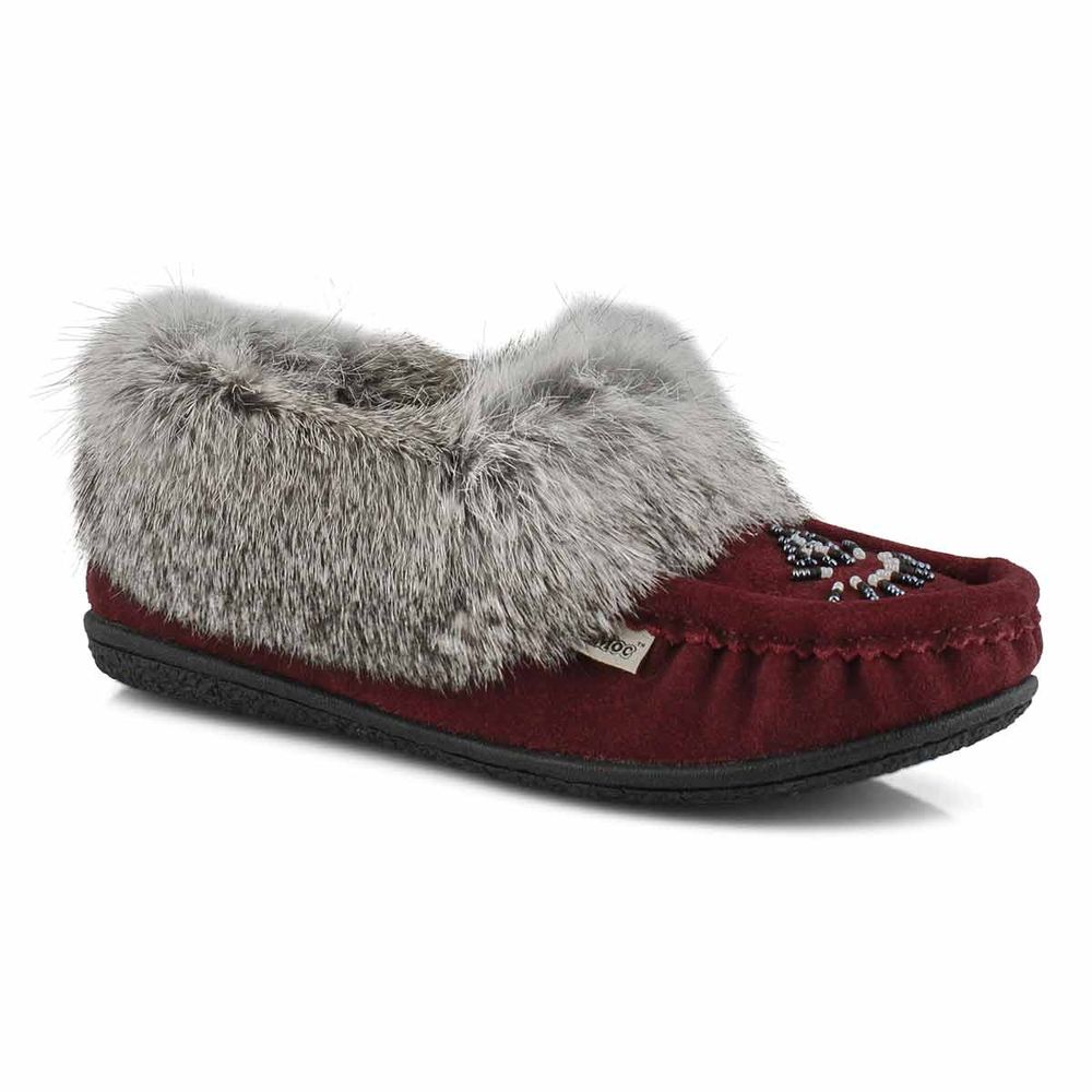 Womens Cute 5 Rabbit Fur SoftMocs - Burgundy