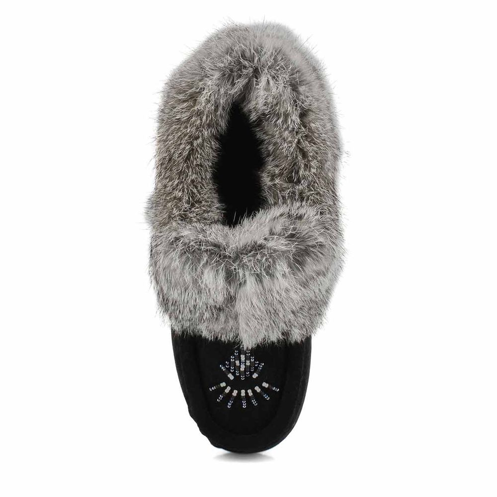 Womens Cute 5 Rabbit Fur SoftMocs - Black Grey