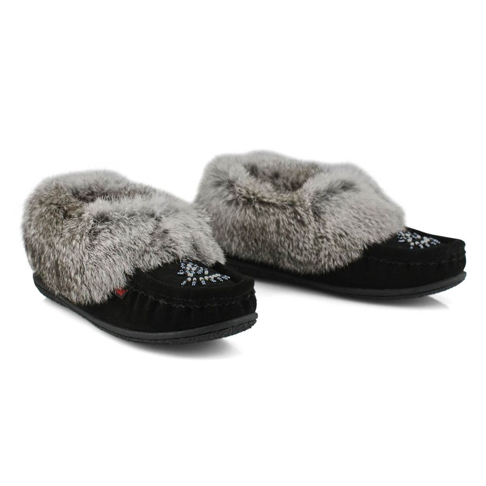 Womens Cute 5 Rabbit Fur SoftMocs - Black Grey