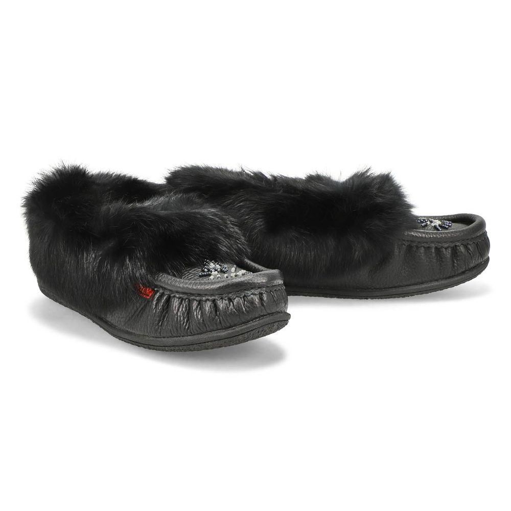 Womens Cute 5 L Rabbit Fur SoftMocs - Black