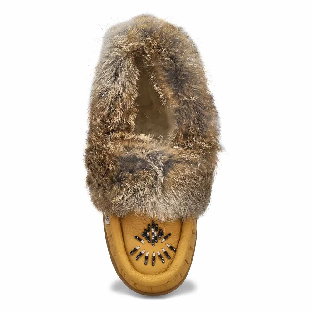 Womens Cute 5 Leather Rabbit Fur Moccasin