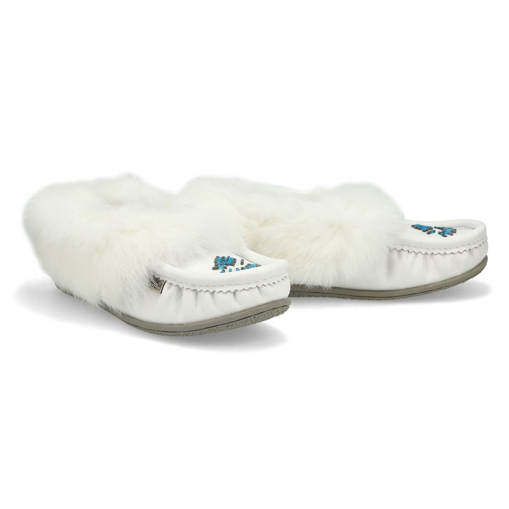 Womens Cute 5 Leather Rabbit Fur SoftMocs - White