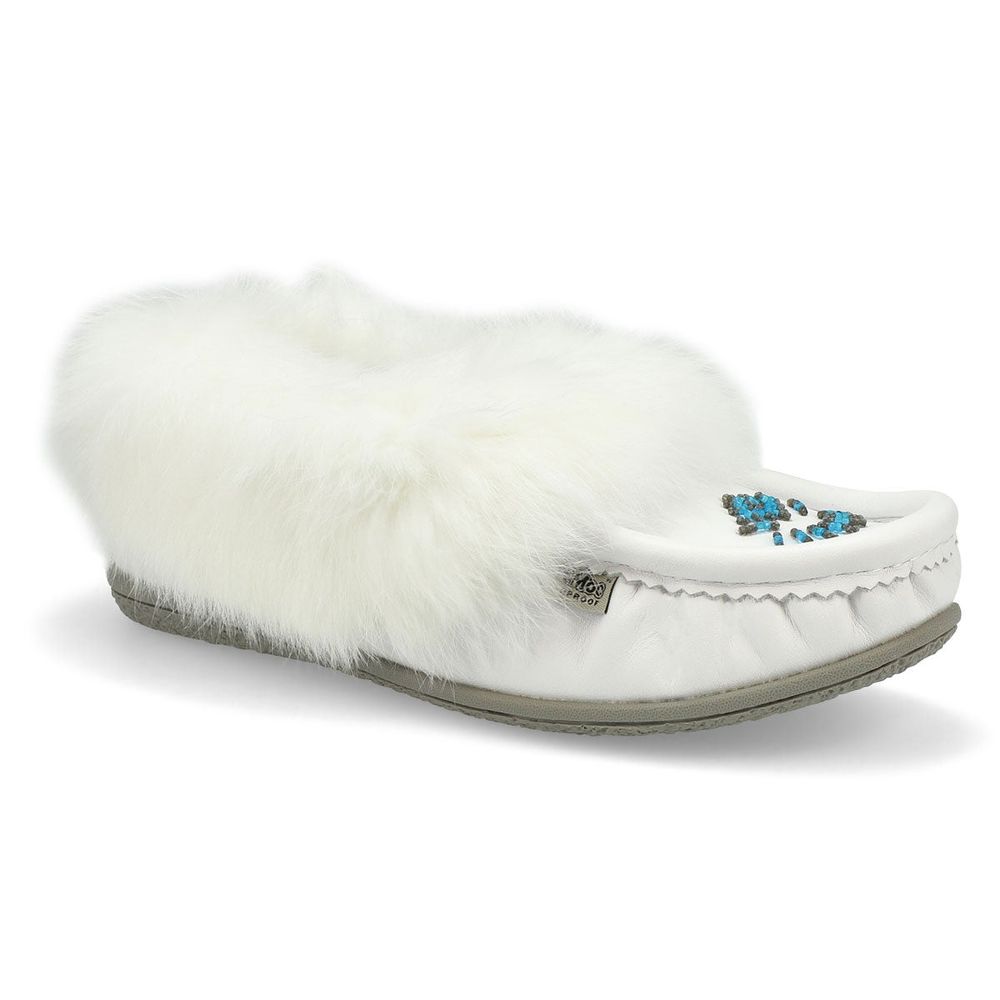 Womens Cute 5 Leather Rabbit Fur SoftMocs - White