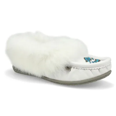 Womens Cute 5 Leather Rabbit Fur Moccasin - White