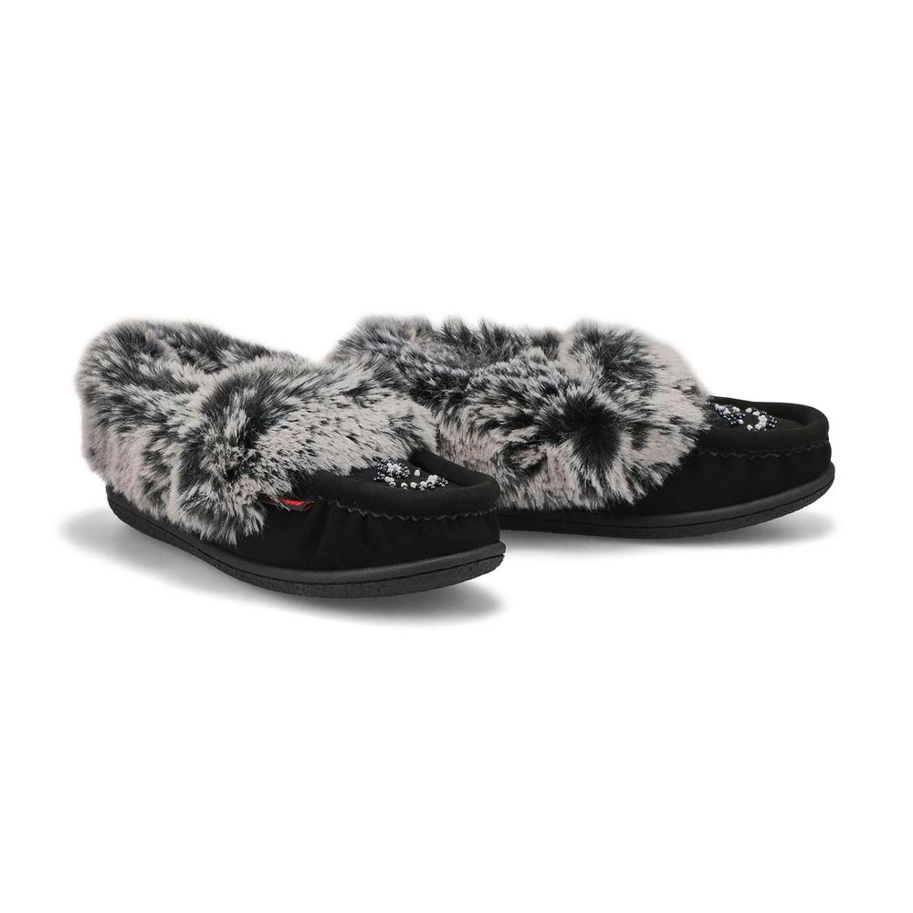 Girls Cute 6 Jr Faux Rabbit Fur SoftMocs -Black